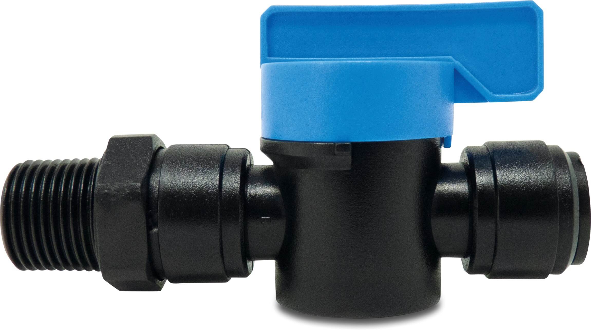 Ball valve POM 3/8" x 10 mm male thread x push-in 16bar black WRAS