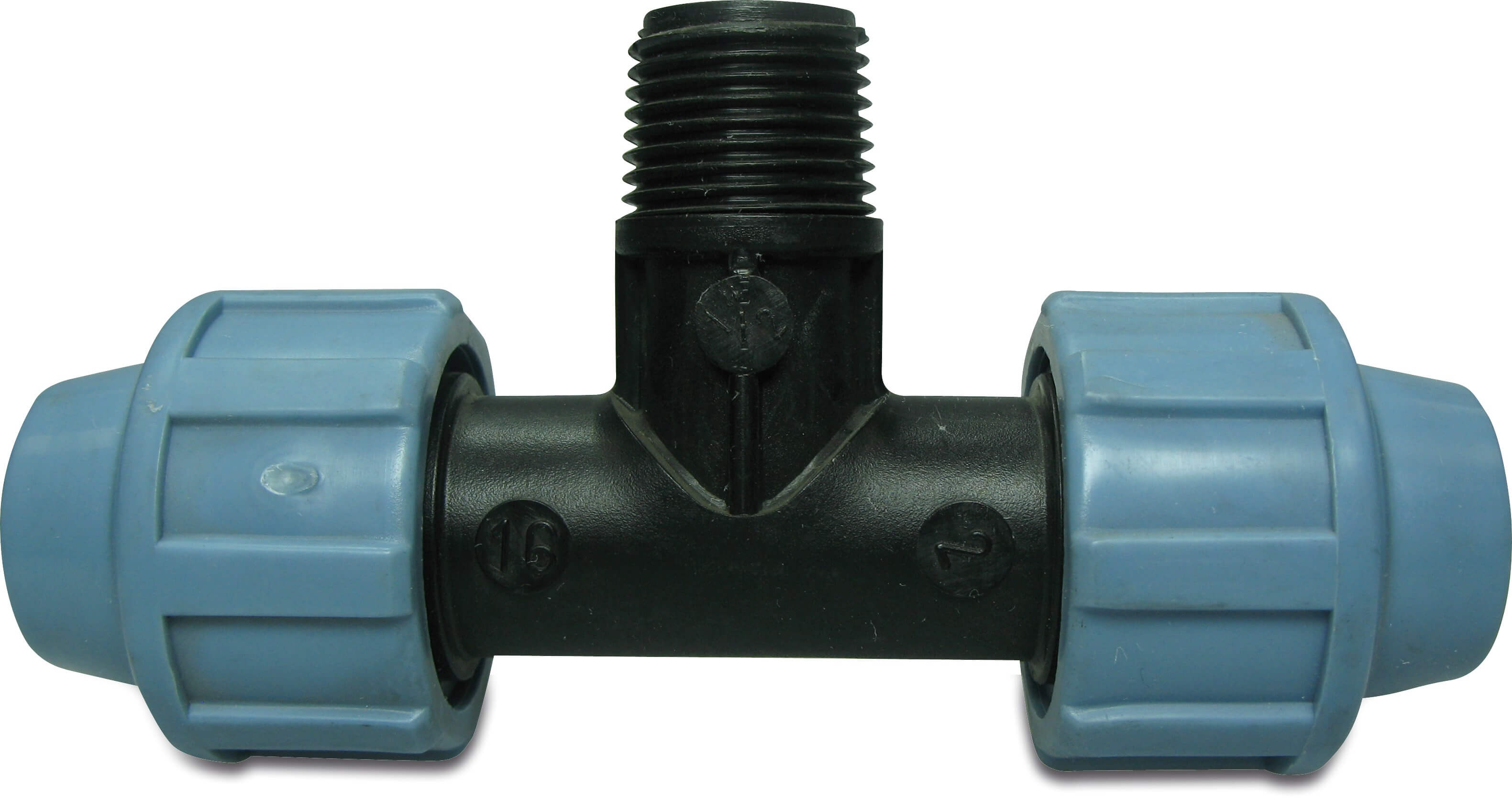 Unidelta Adaptor T-piece 90° PP 20 mm x 1/2" x 20 mm compression x male thread x compression 16bar black/blue DVGW/KIWA/WRAS