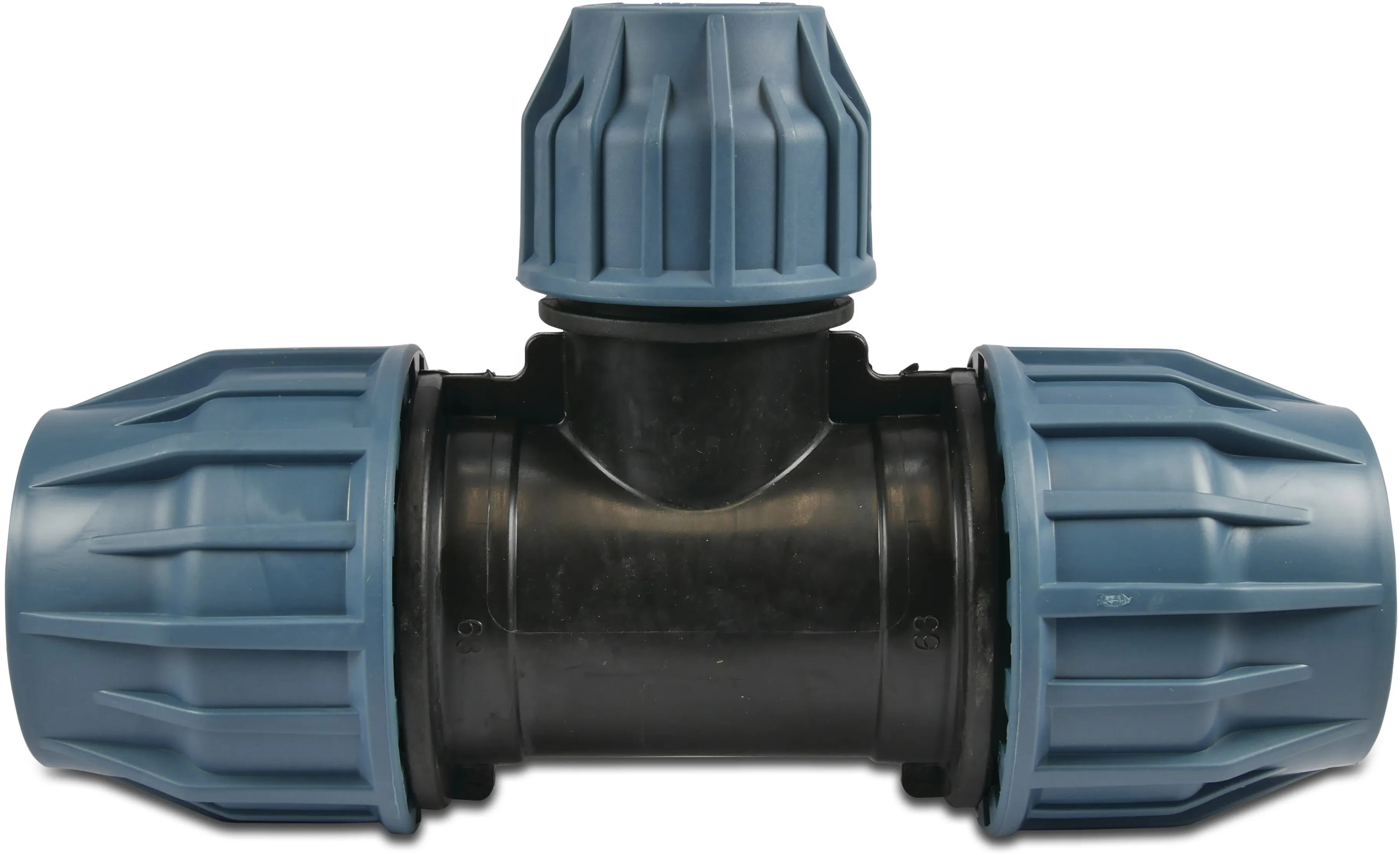 Jason T à 90° PP 25 mm x 20 mm x 25 mm à serrer 16bar noir/bleu DVGW/KIWA/WRAS/SVGW P1