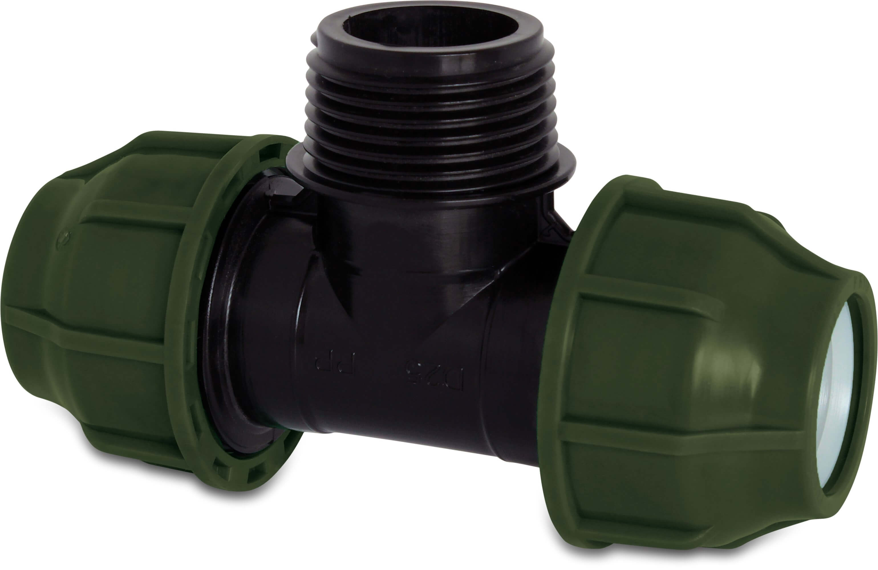 T-piece 90° PP 16 mm x 1/2" x 16 mm compression x male thread x compression 10bar black/green