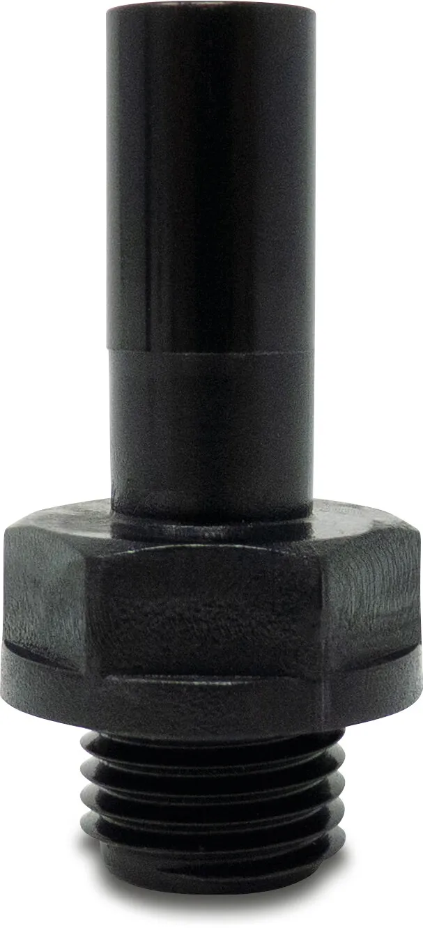 Adaptor nipple short POM 15 mm x 1/2" spigot x male thread 14bar black WRAS type Aquaspeed