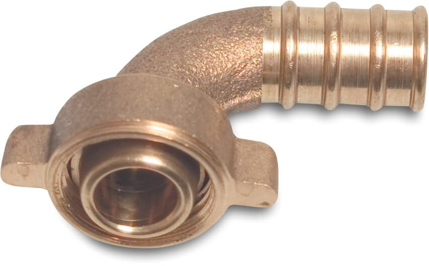 Hose tail 2/3 union adaptor elbow 90° brass 3/4" x 20 mm female threaded nut x hose tail