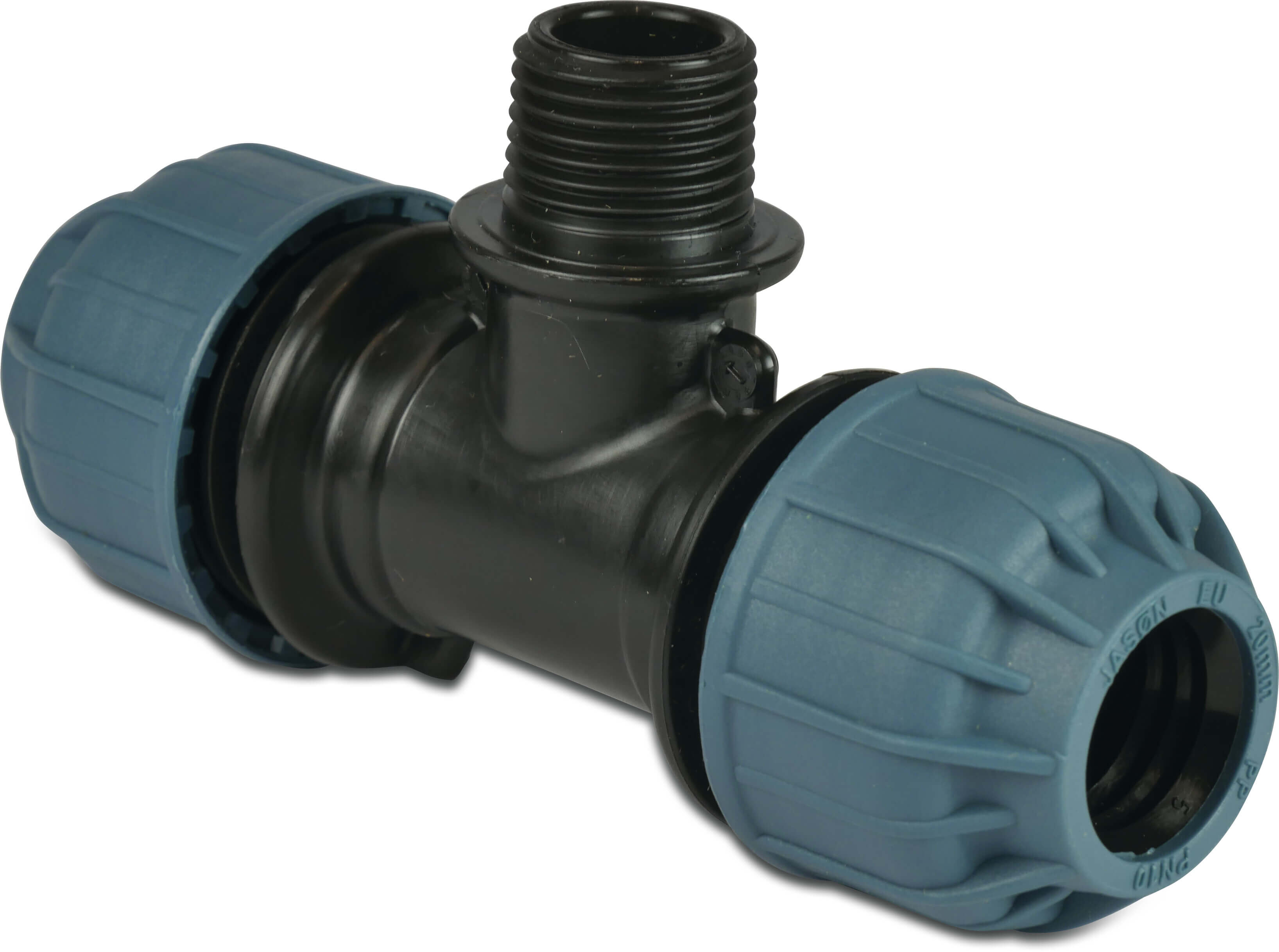 Jason T-piece 90° PP 25 mm x 3/4" x 25 mm compression x male thread x compression 10bar black/blue