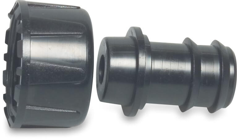 Barbed 2/3 union adaptor PP 3/4" x 16 mm female thread x barbed 4bar black