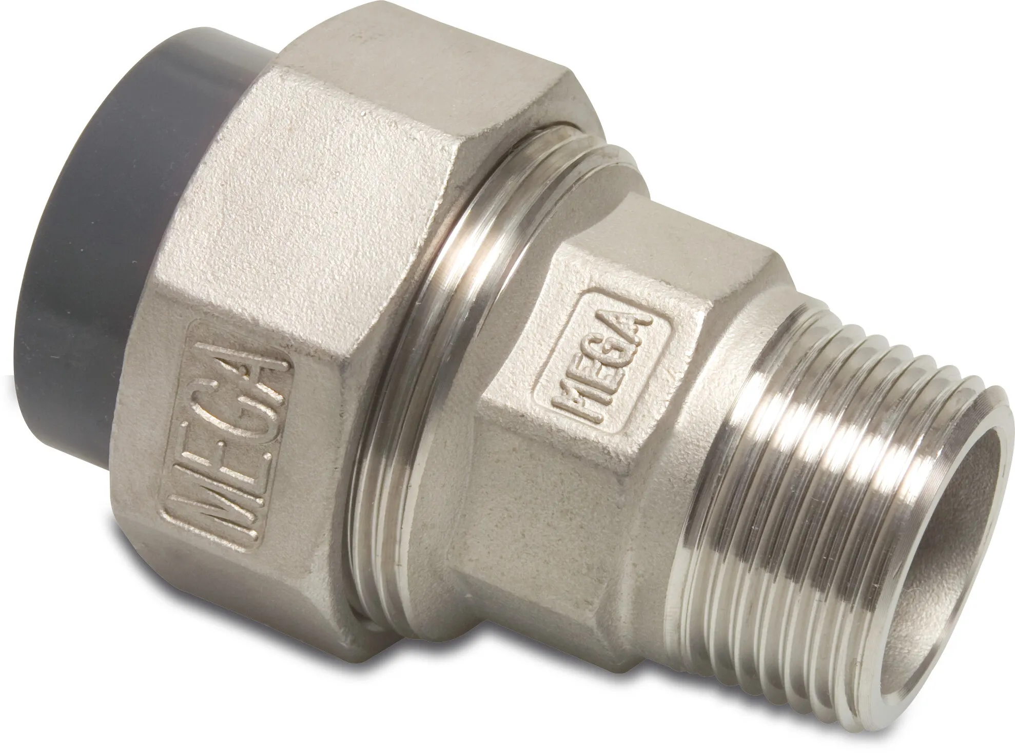 Profec Union adaptor PVC/stainless steel 316 50 mm x 1 1/2" glue socket x male thread 10bar grey