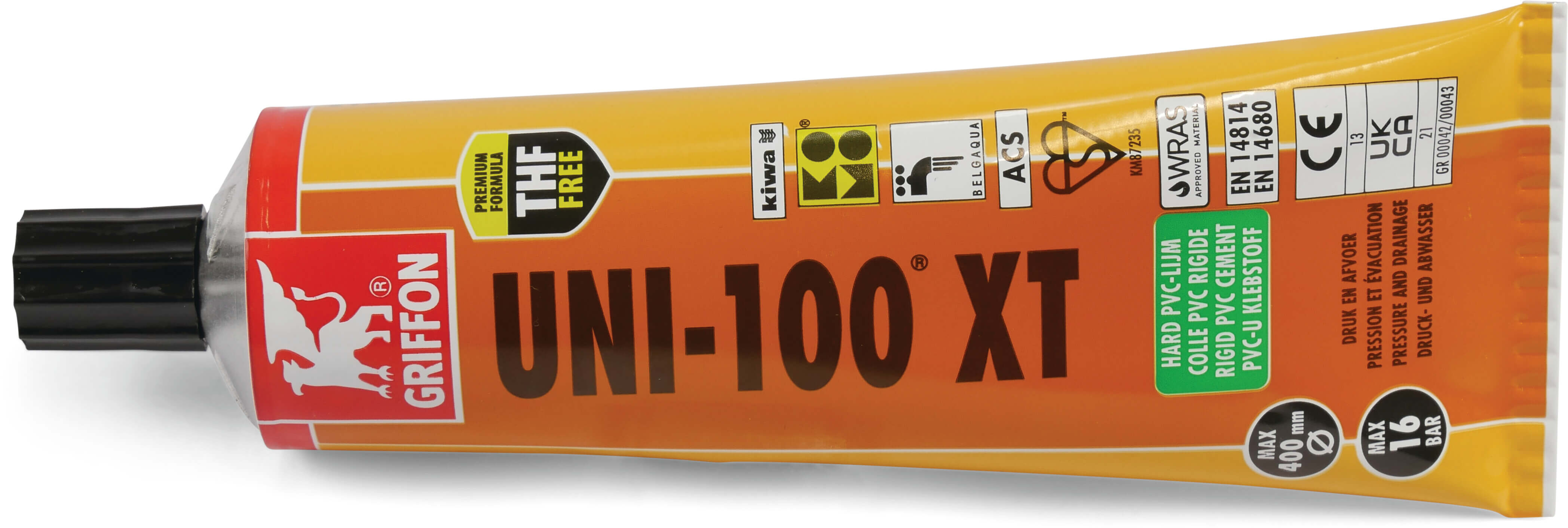 Griffon PVC glue transparent 0,125ltr tube KIWA type Uni-100 XT THF free label EN/DE/NL/FR