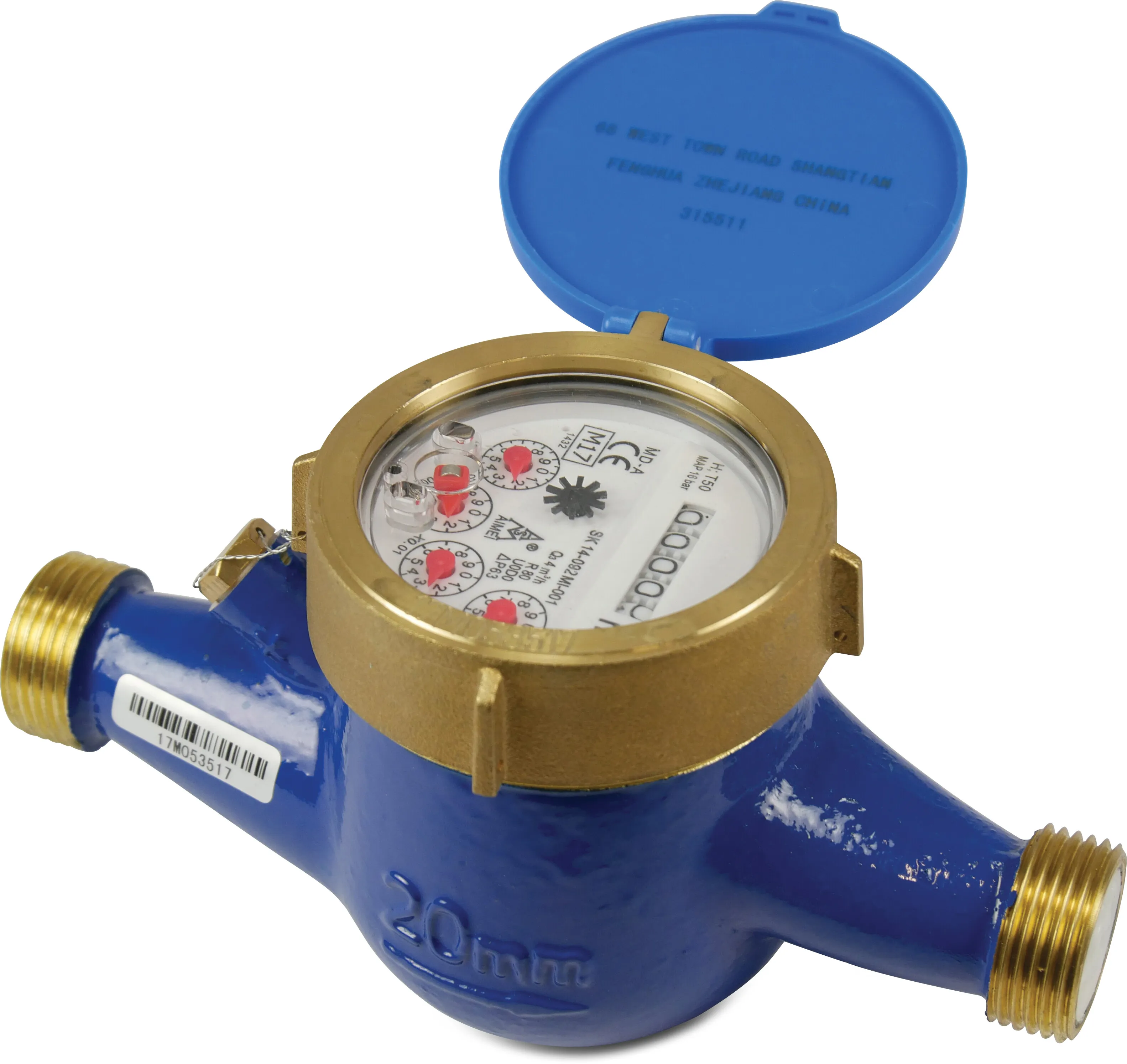 Profec Water meter brass 1 1/2" male thread 16bar 0,1A 6m³/h DN32 24V blue CE/MID MD-A/MD-AP type TL multi jet horizontal with pulse option