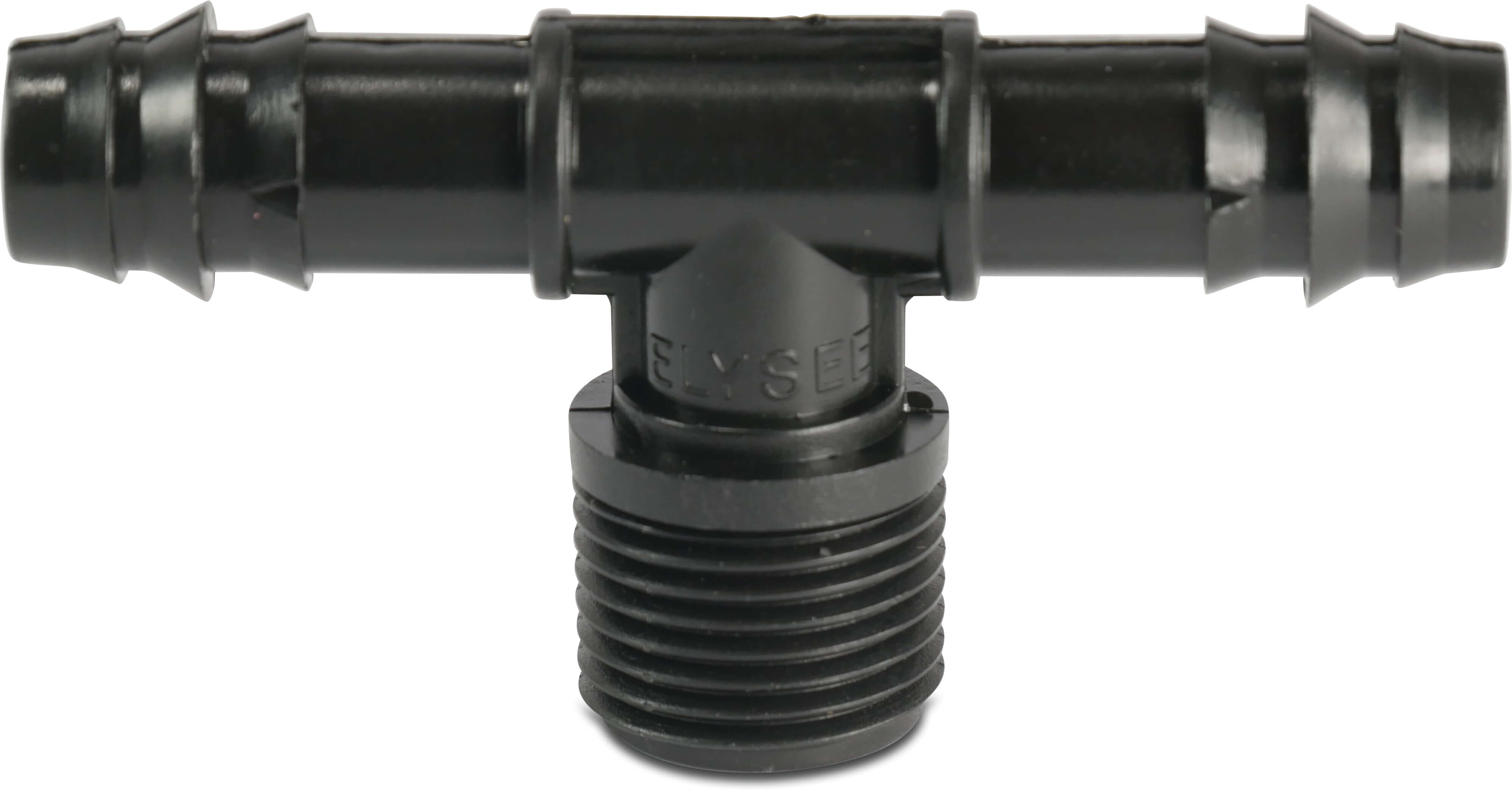 T-piece 90° POM 16 mm x 3/4" x 16 mm barbed x male thread x barbed 4bar black