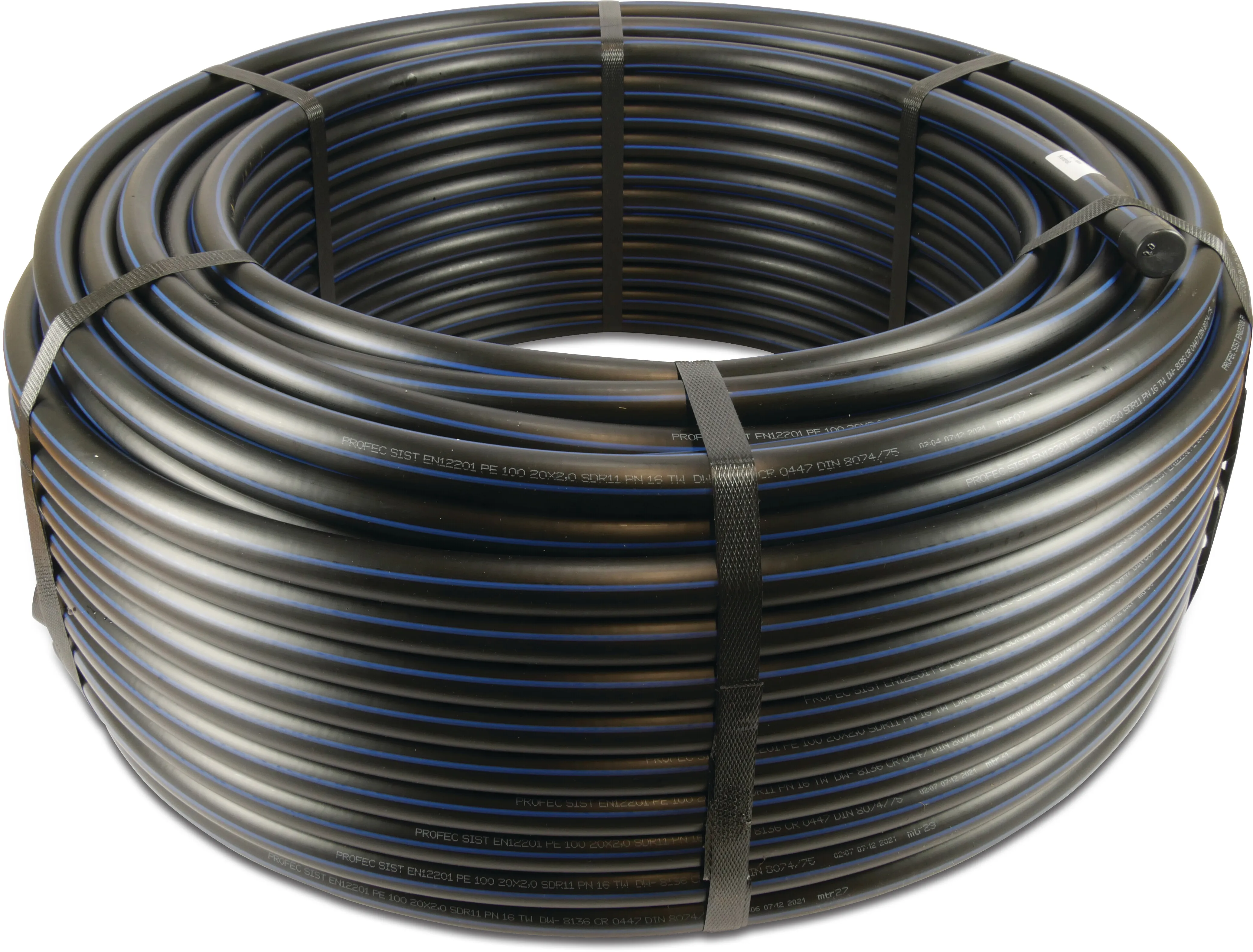 Pressure pipe PE100 110 mm x 10,0 mm plain SDR11 16bar black/blue 100m DVGW