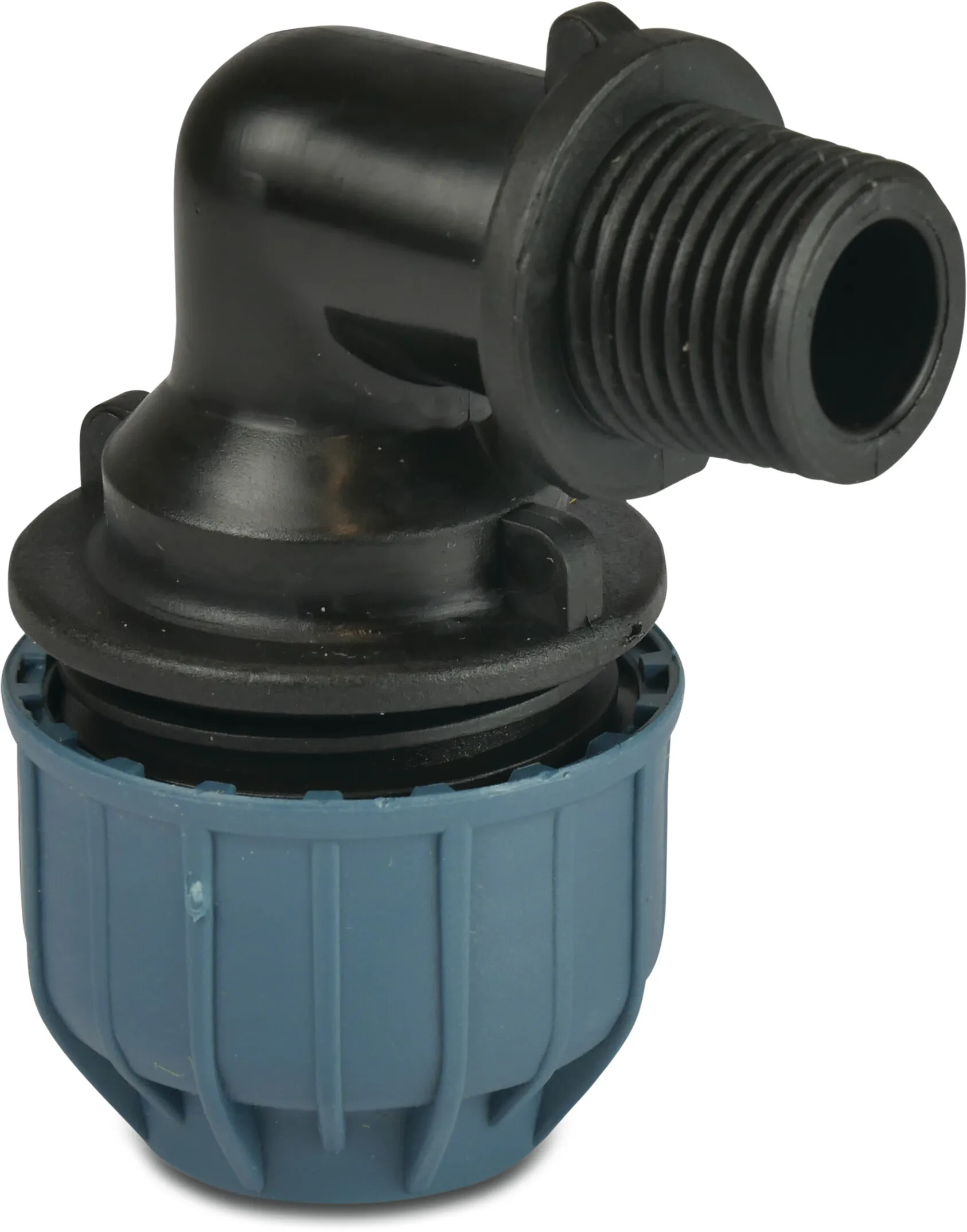 Jason Knie 90° PP 32 mm x 1" knel x buitendraad 10bar zwart/blauw