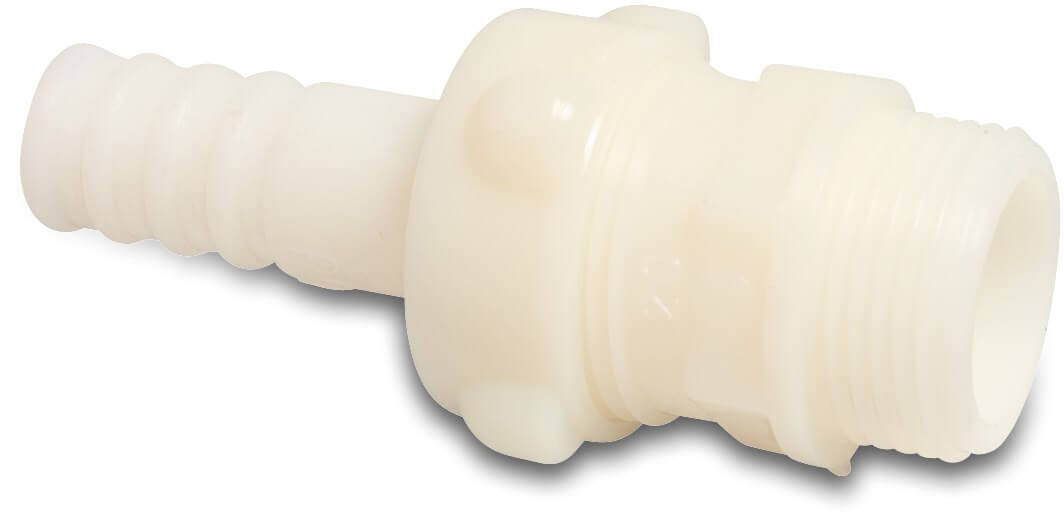 Hose tail adaptor PA (nylon) 1" x 25 mm male thread x hose tail 16bar white