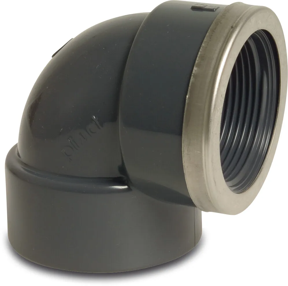 Profec Adaptor elbow 90° PVC-U 63 mm x 2" glue socket x female thread 16bar grey with stainless steel ring type reinforced