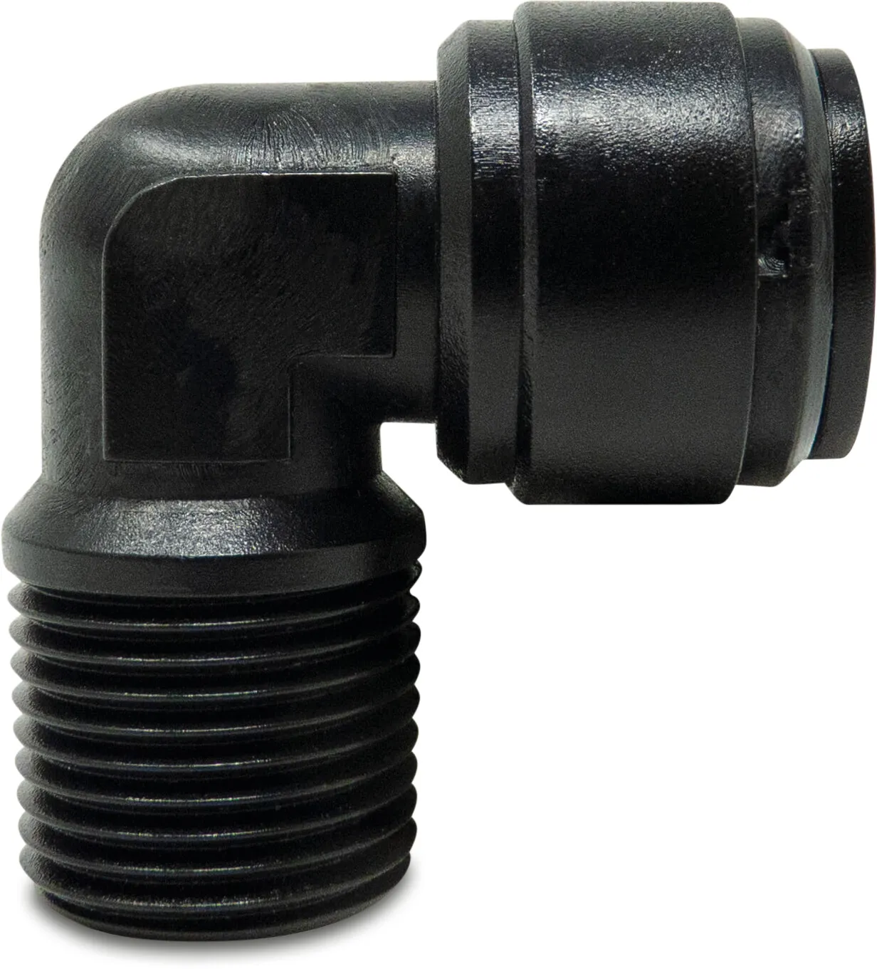 Adaptor elbow 90° POM 12 mm x 1/2" push-in x male thread 14bar black WRAS type Aquaspeed
