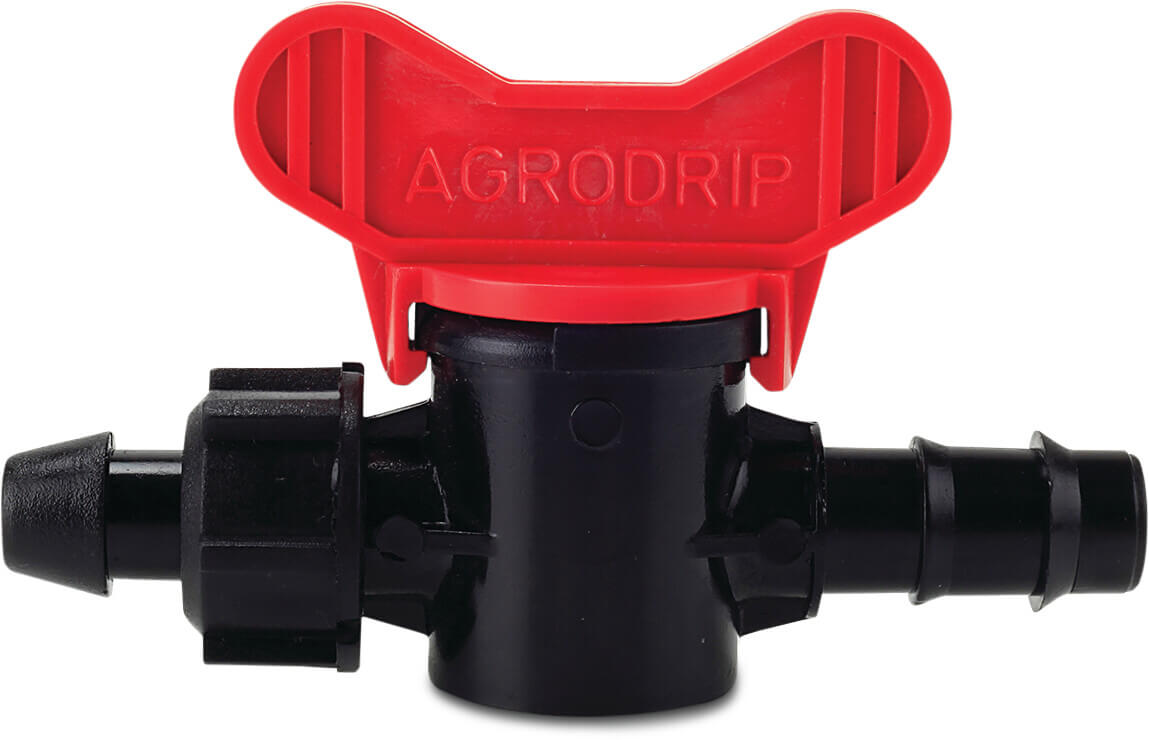 Mini plug valve PP 16 mm x 8 mm barbed x push-in black