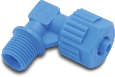Tefen Union elbow 90° PA glass fibre reinforced 14bar barbed x male thread blue