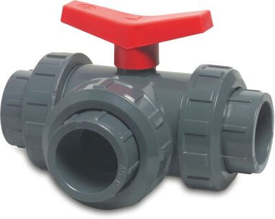 3-way ball valve PVC-U 10bar glue socket grey L-bore