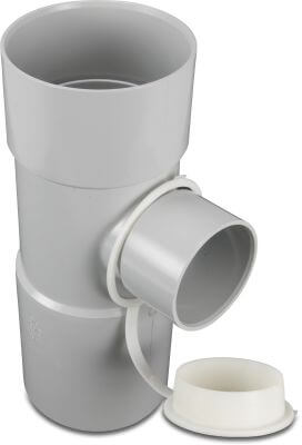 T-piece 90° PVC-U glue socket grey with leaf catcher and overflow 50mm