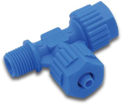 Tefen T-piece 90° PA glass fibre reinforced 14bar barbed x barbed x male thread blue