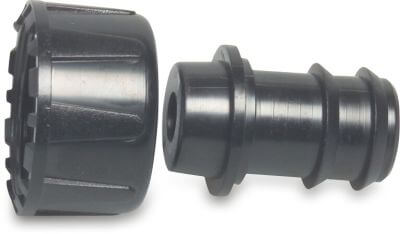 Barbed 2/3 union adaptor PP 4 bar female thread x barbed black