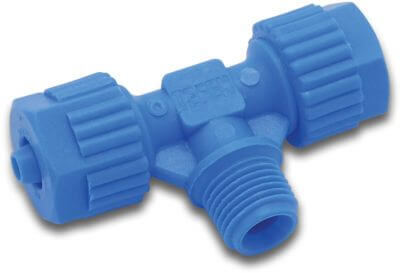 Tefen T-piece 90° PA glass fibre reinforced 14bar barbed x male thread x barbed blue