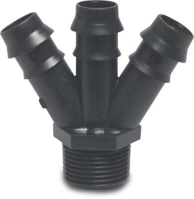 3 way barbed distributor PP 4 bar male thread x barbed x barbed x barbed black