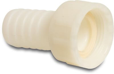 Hose tail 2/3 union adaptor PA (nylon) 16 bar female threaded nut x hose tail white