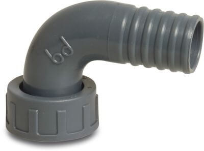 Hose tail 2/3 union adaptor elbow 90° PP 6bar female threaded nut x hose tail grey