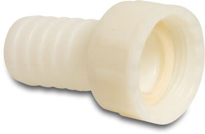 Hose tail 2/3 union adaptor PA (nylon) 16 bar female threaded nut x hose tail white