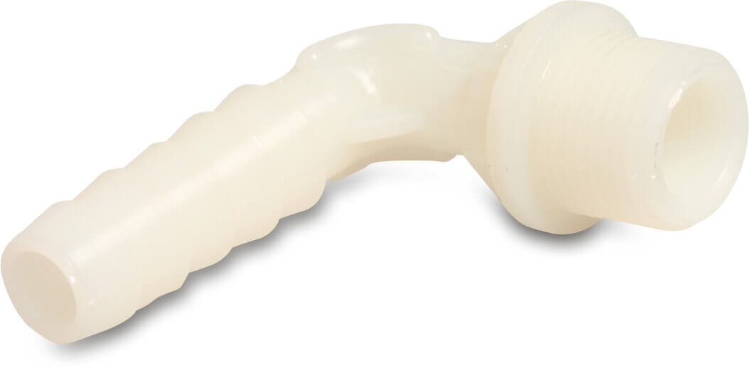Böj 90° PA (nylon) 1/2" x 20 mm utvändig gänga x slangkoppling 16bar vit