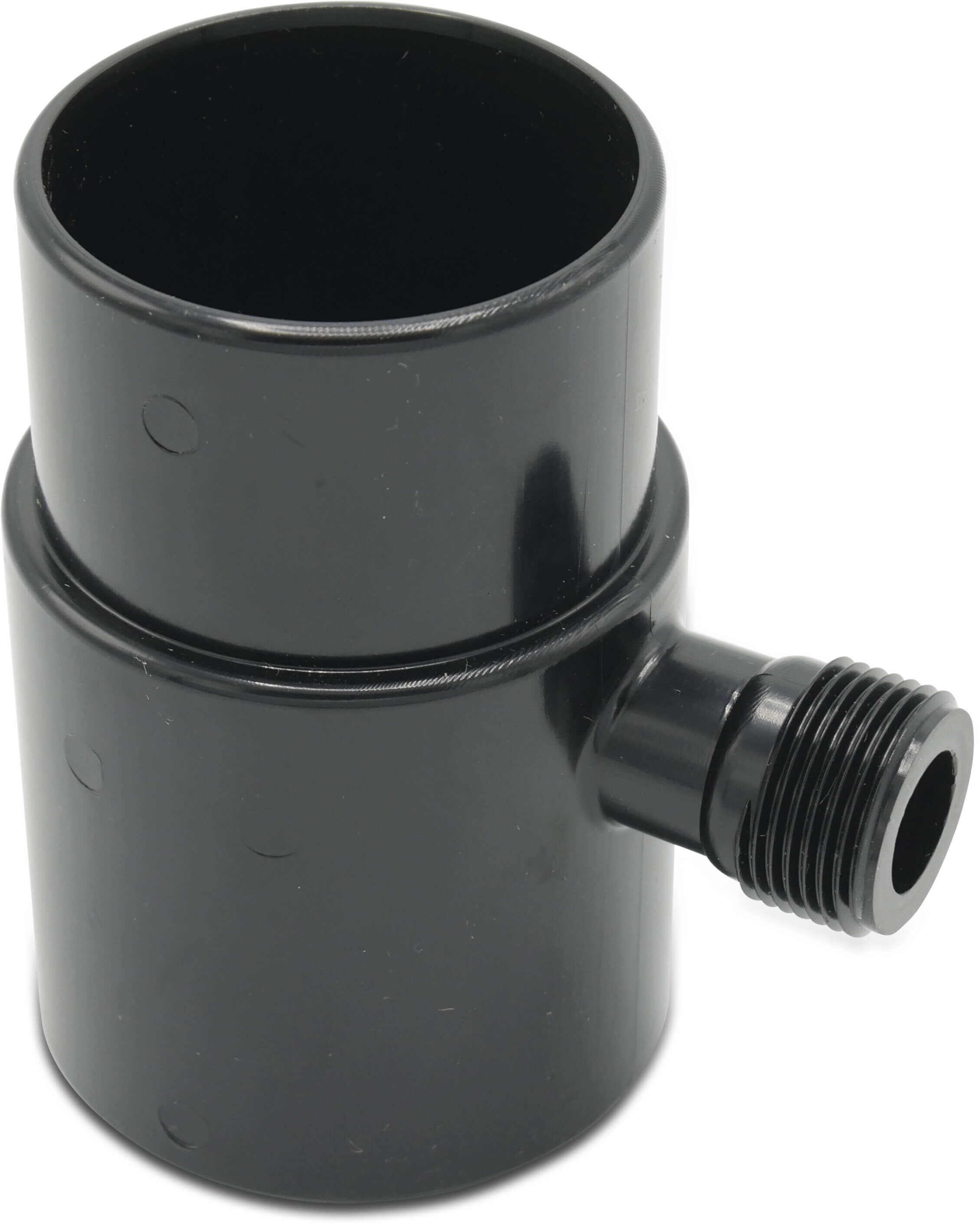 Lange verloopstuk 63mm spigot x 63mm socket met 3/4" flow switch aansluiting