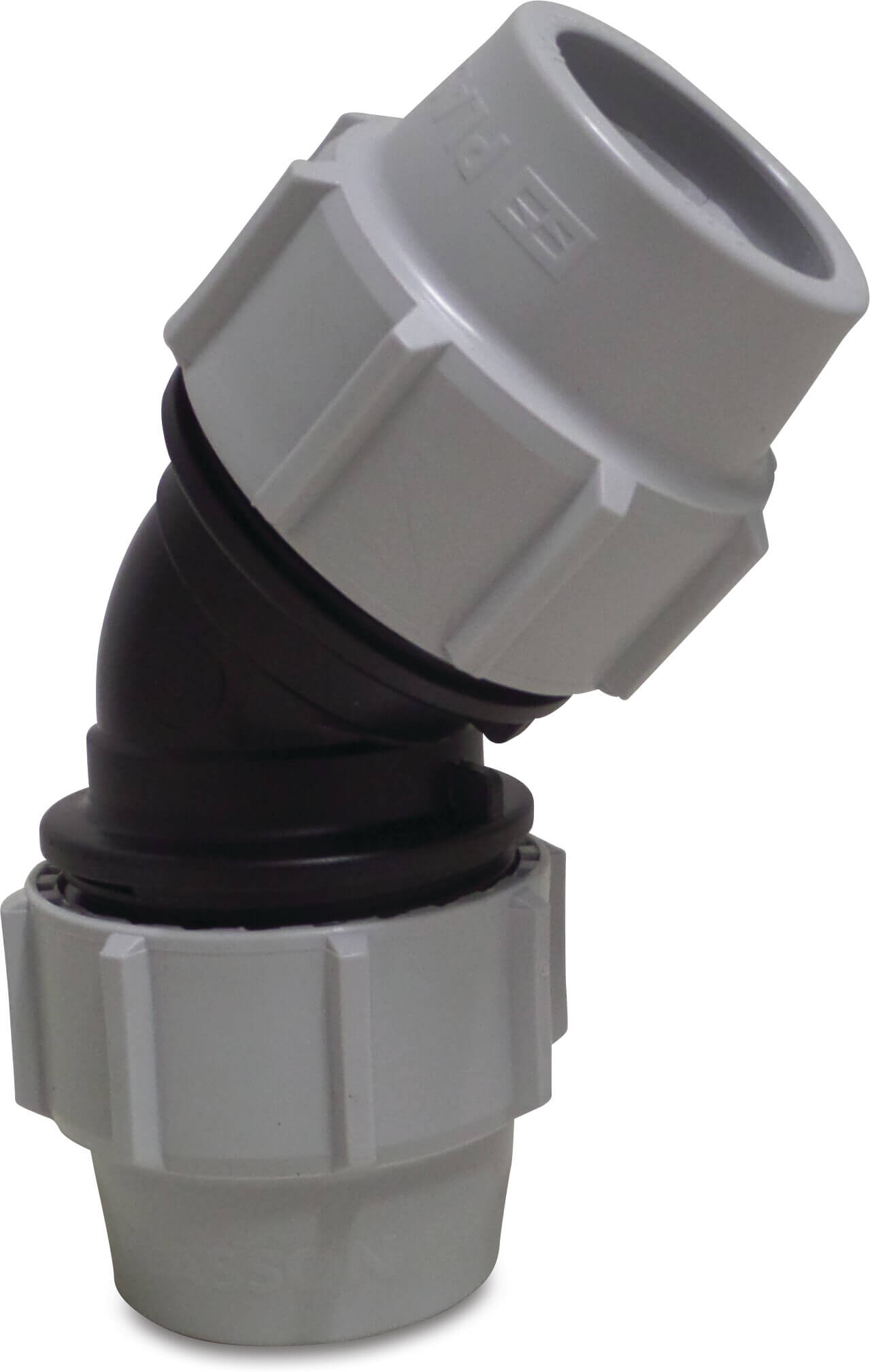 Vinkel 45° PP 63 mm spænd 16bar sort/grå KIWA