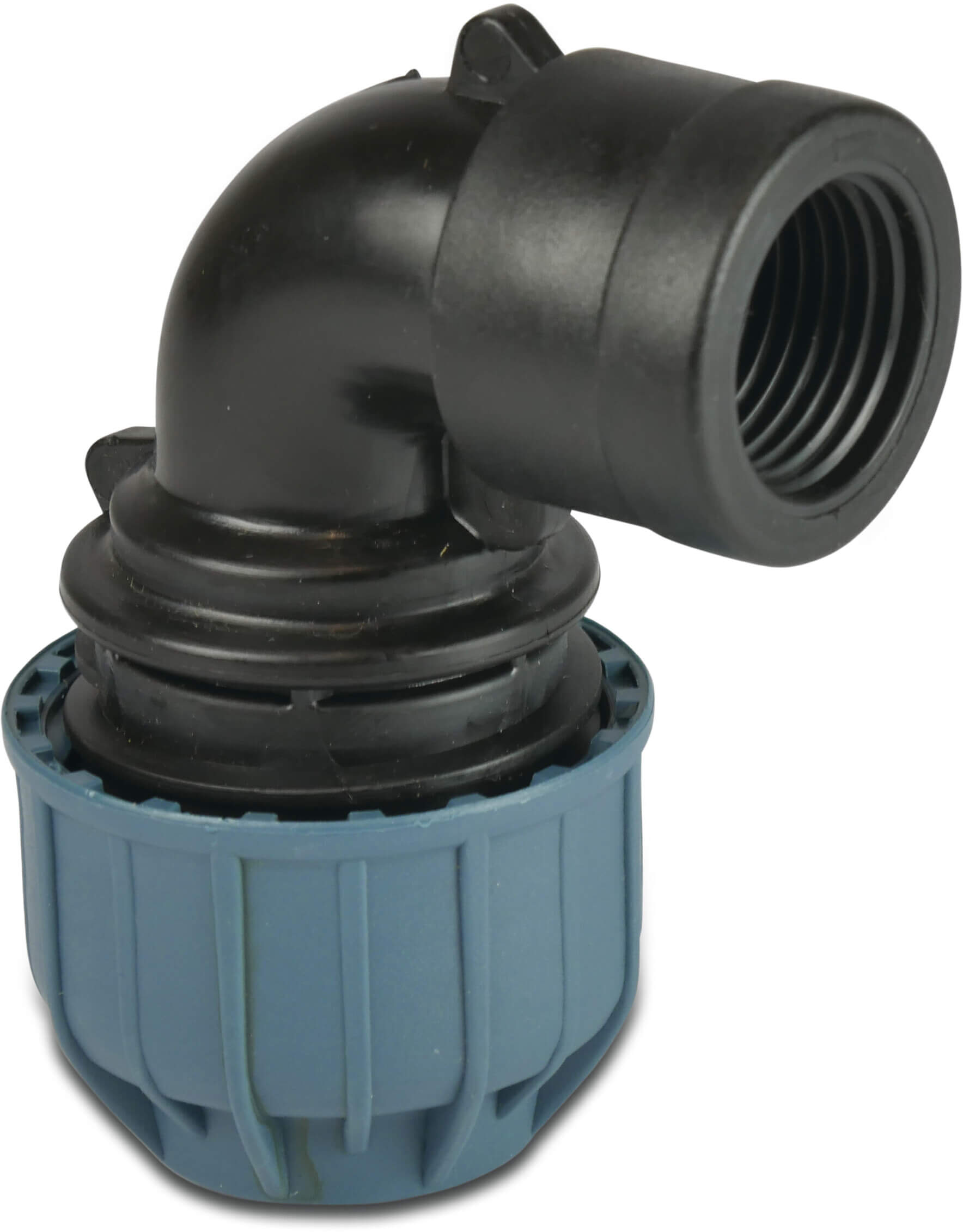 Jason Elbow 90° PP 40 mm x 1 1/4" compression x female thread 10bar black/blue