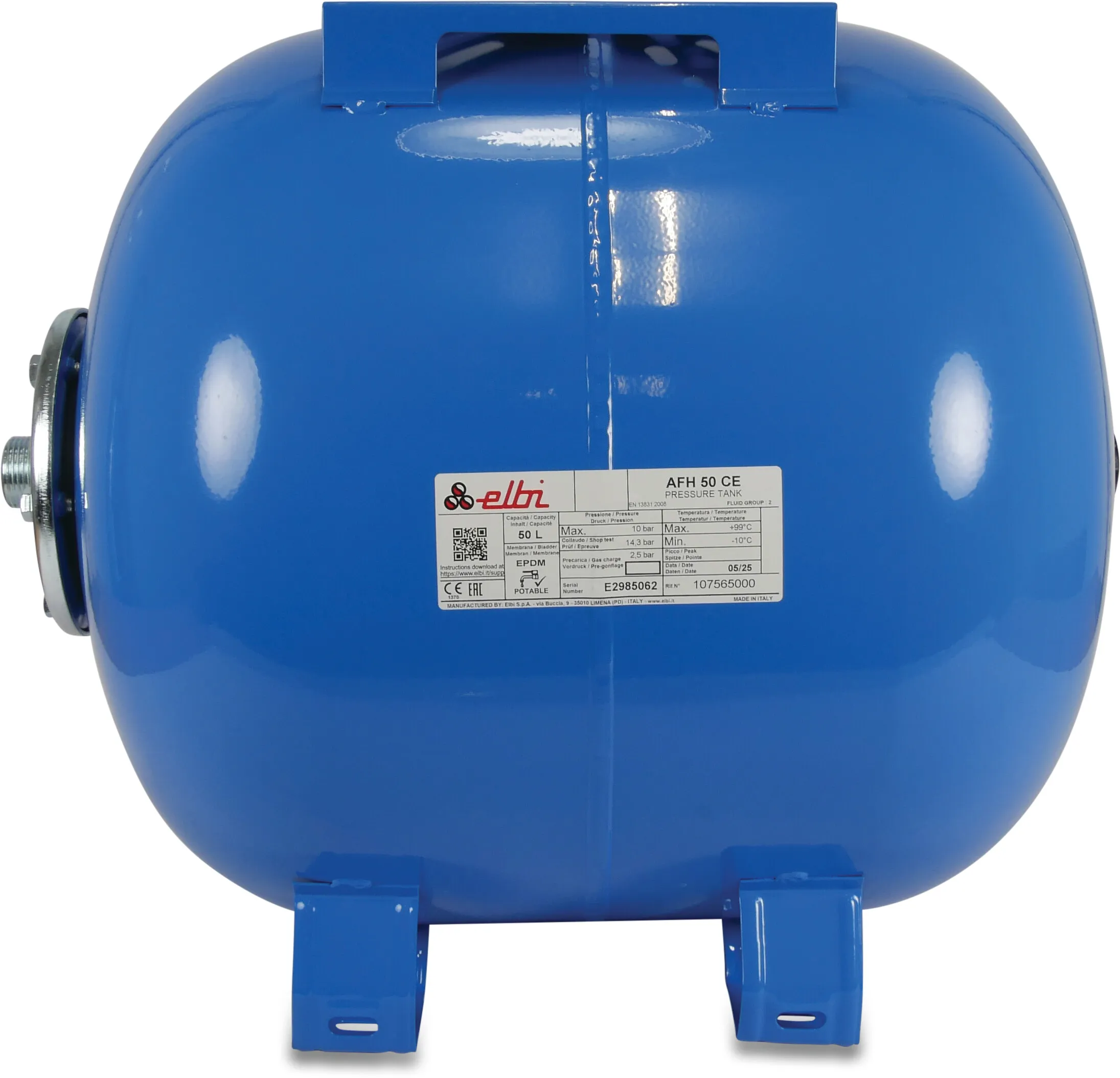 Elbi Membrane pressure tank steel powder coating 1" male thread 10bar 80ltr type horizontal