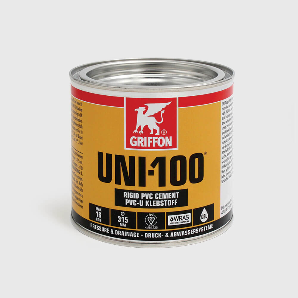 Griffon PVC glue transparent 0,5ltr with steel lid KIWA/WRAS type Uni-100 label EN/DE/NL/FR