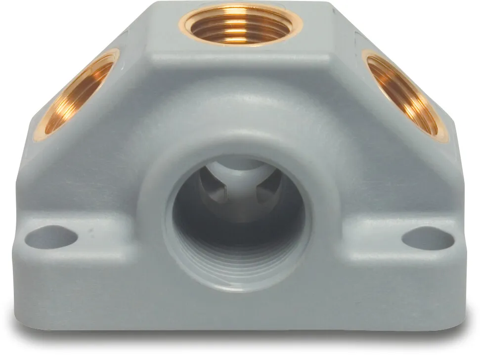 Distributeur 3 voies PVR/laiton 3/4" x 1/2" x 1/2" x 1/2" filetage femelle 12,5bar DN20 gris