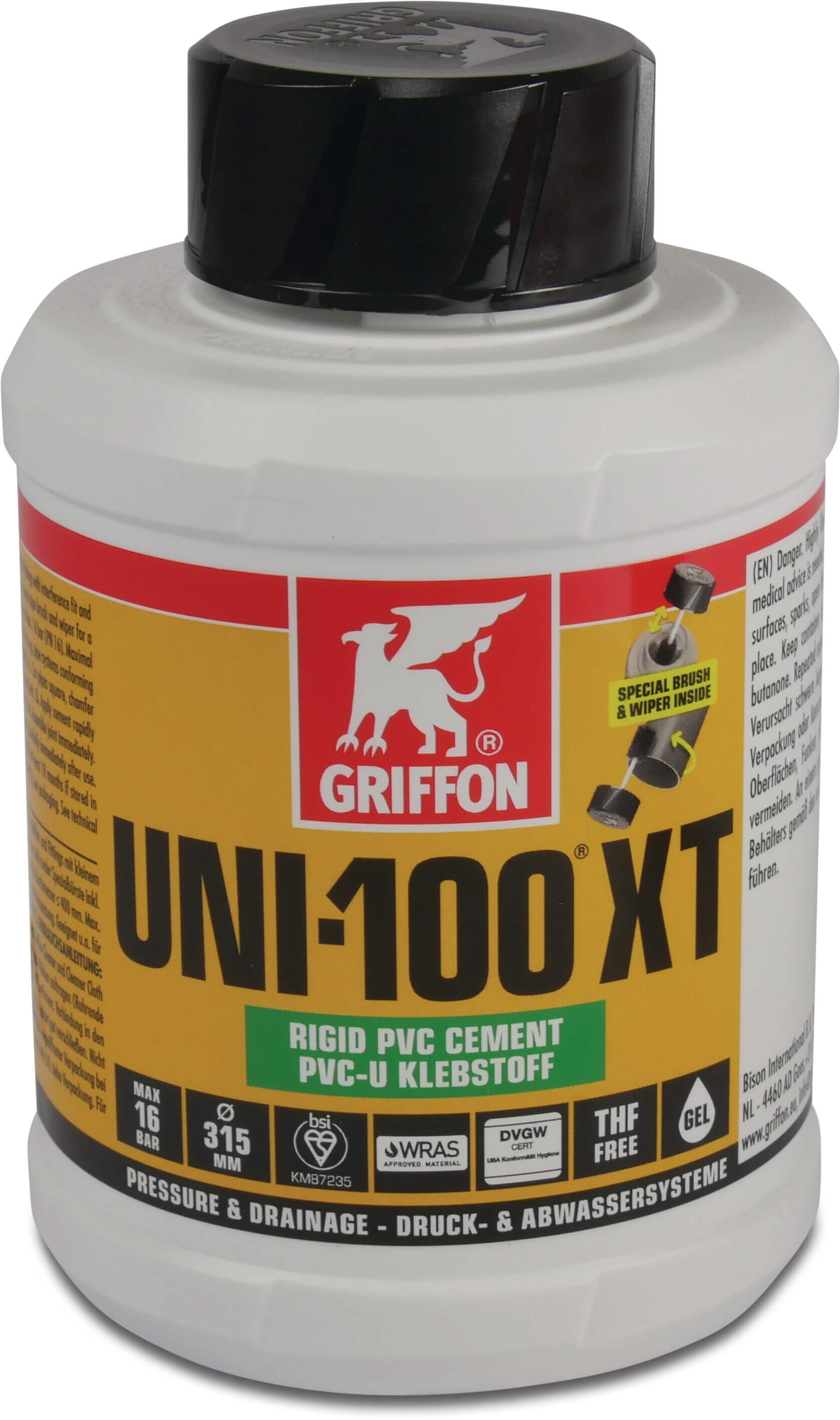 Griffon Colle pour PVC transparent 0,5ltr avec brosse KIWA type Uni-100 XT sans THF étiquette NL/FR