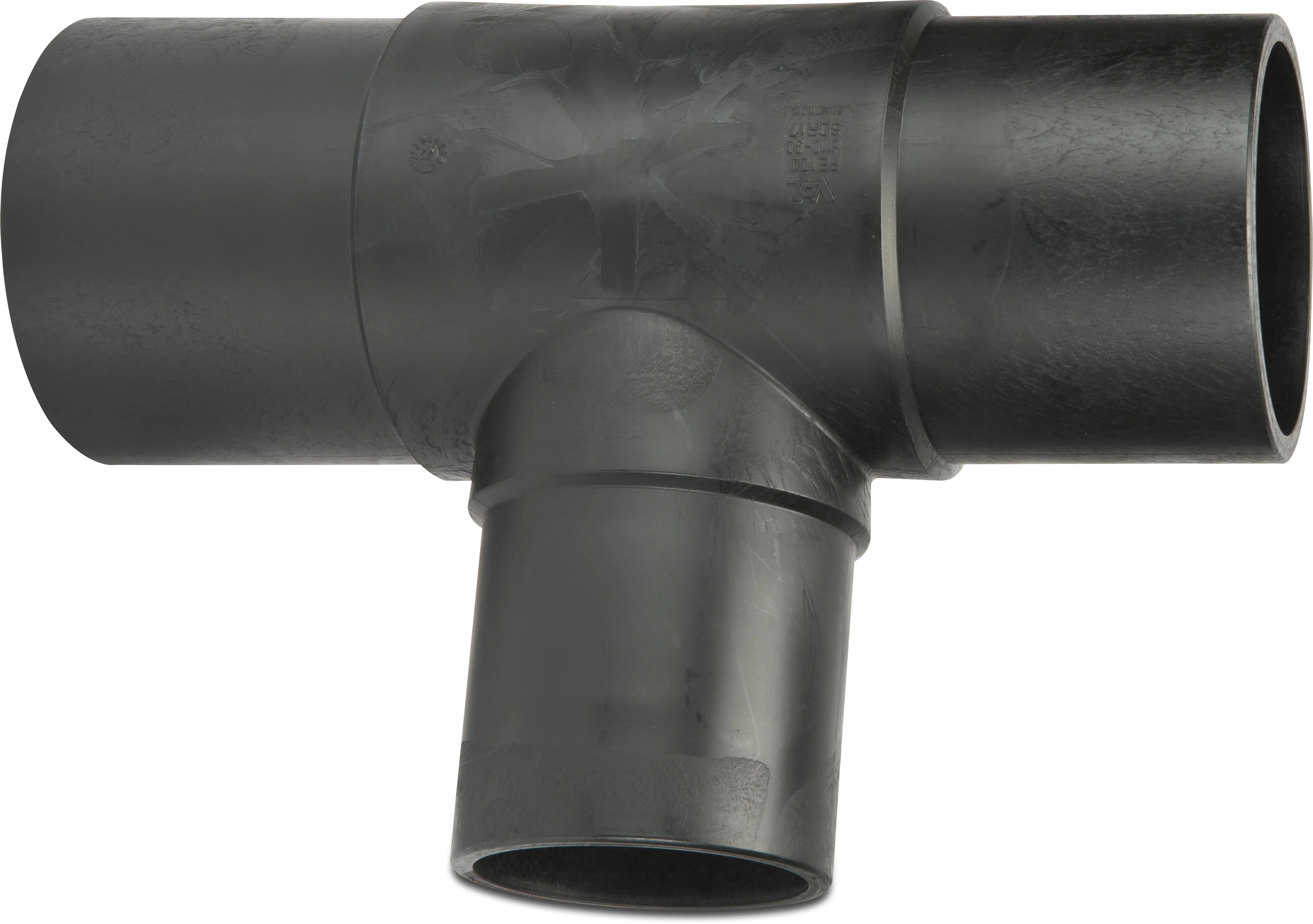 VDL Reduzier T-Stück 90° PE100 63 mm x 50 mm x 63 mm Stutzen SDR11 10bar 16bar Schwarz DVGW/KIWA