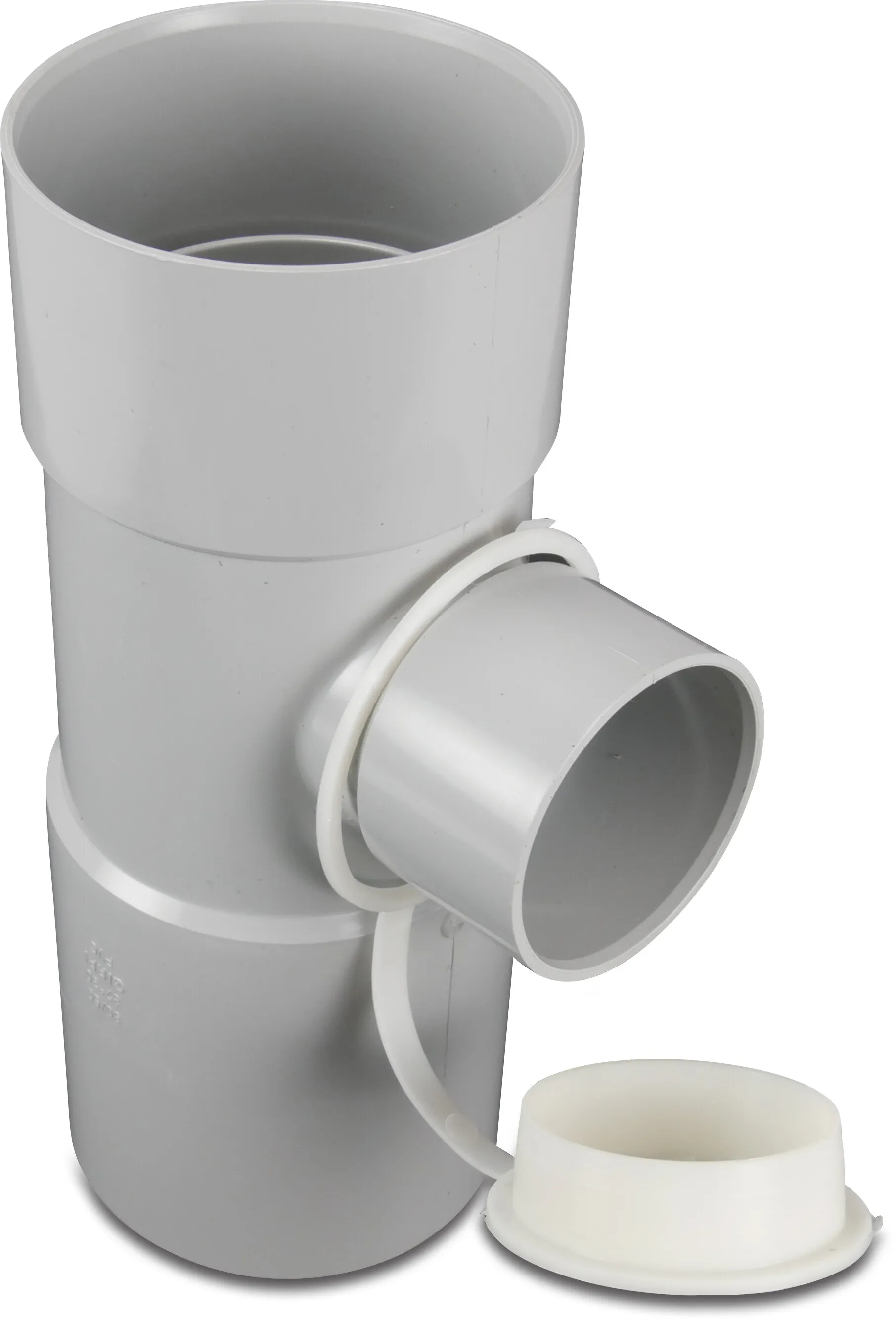 T-piece 90° PVC-U 100 mm glue socket grey type with leaf catcher and overflow 50mm
