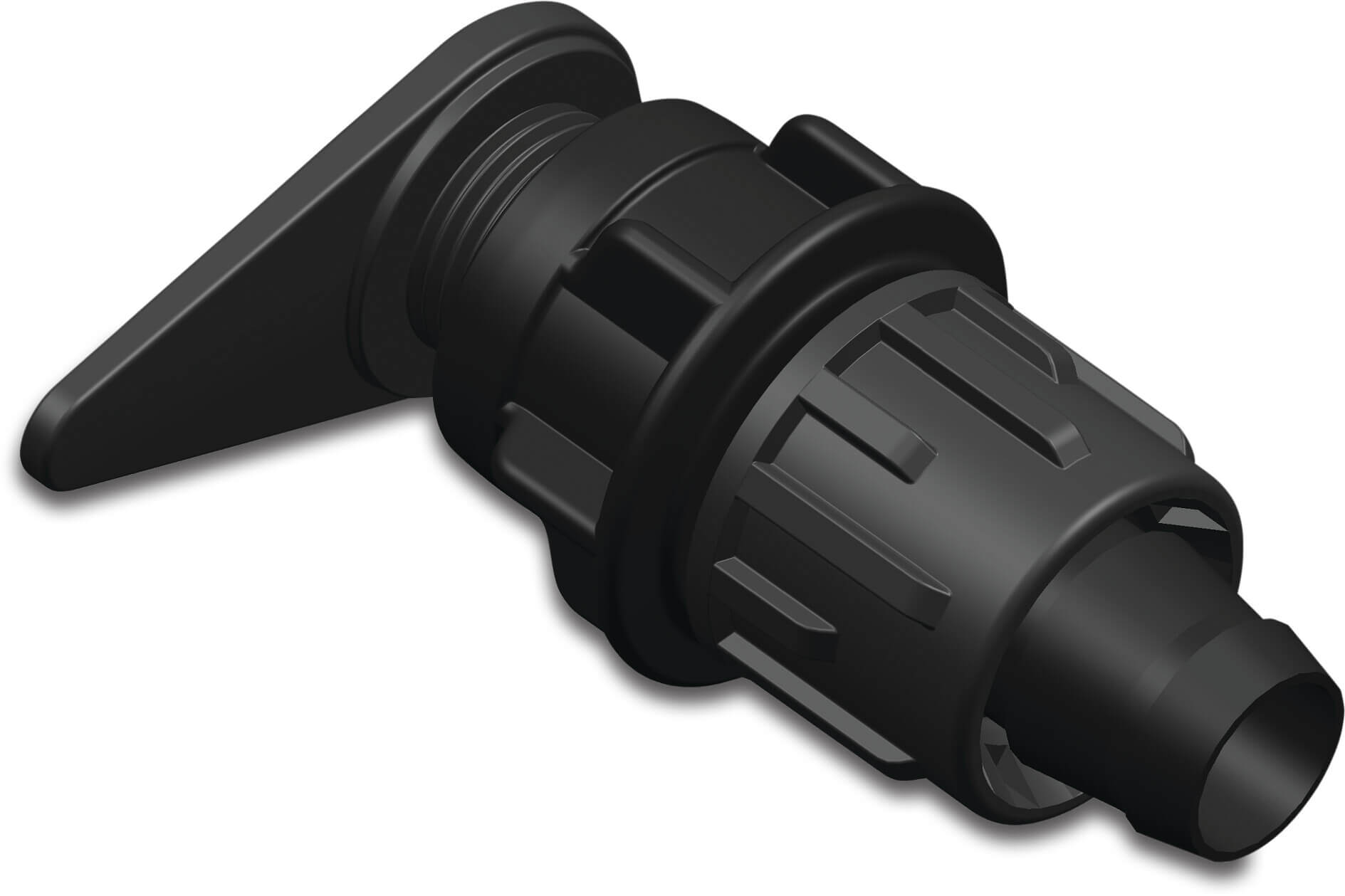 Overgang til fladliggende slange PP 17 mm tape x tilslutning flad slange 6bar sort