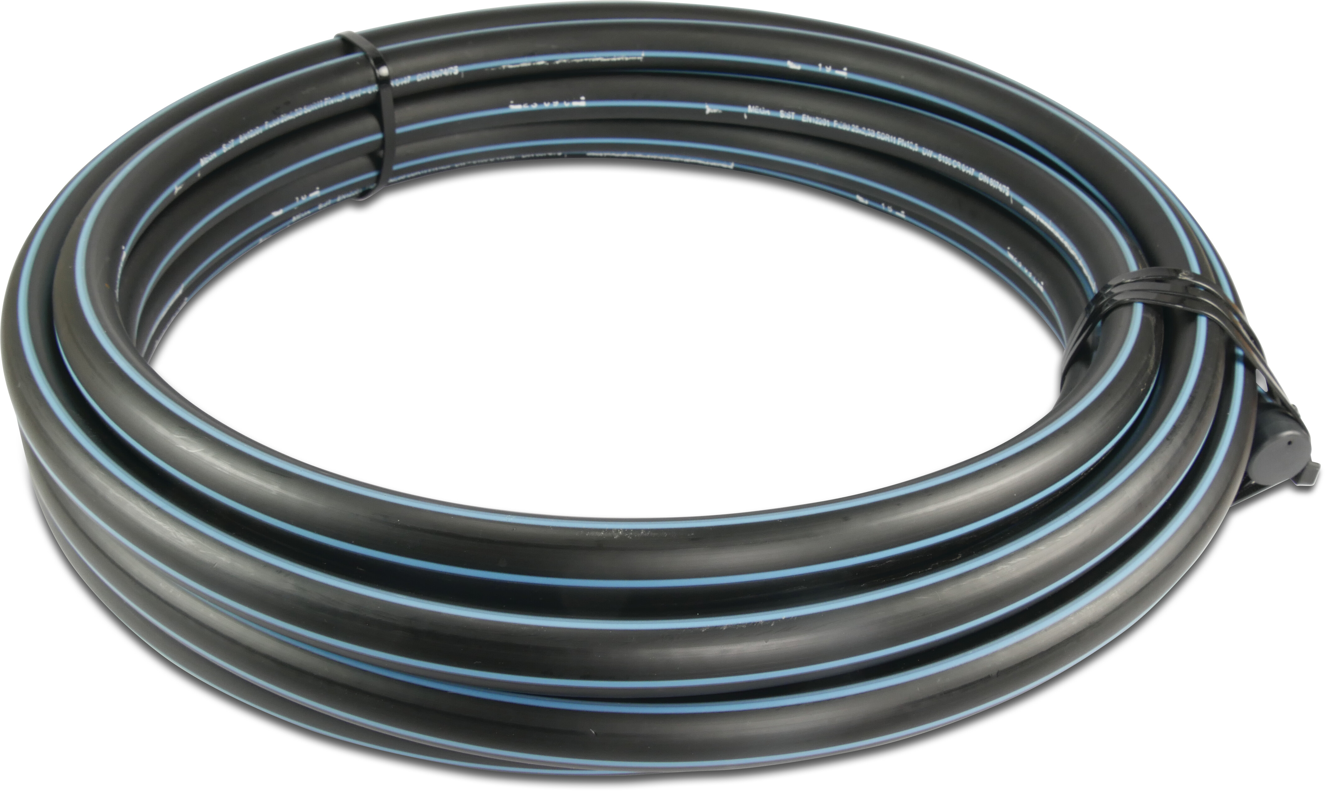 Tube pression PE40 25 mm x 2,7 mm lisse SDR9 6bar noir/bleu 100m KIWA