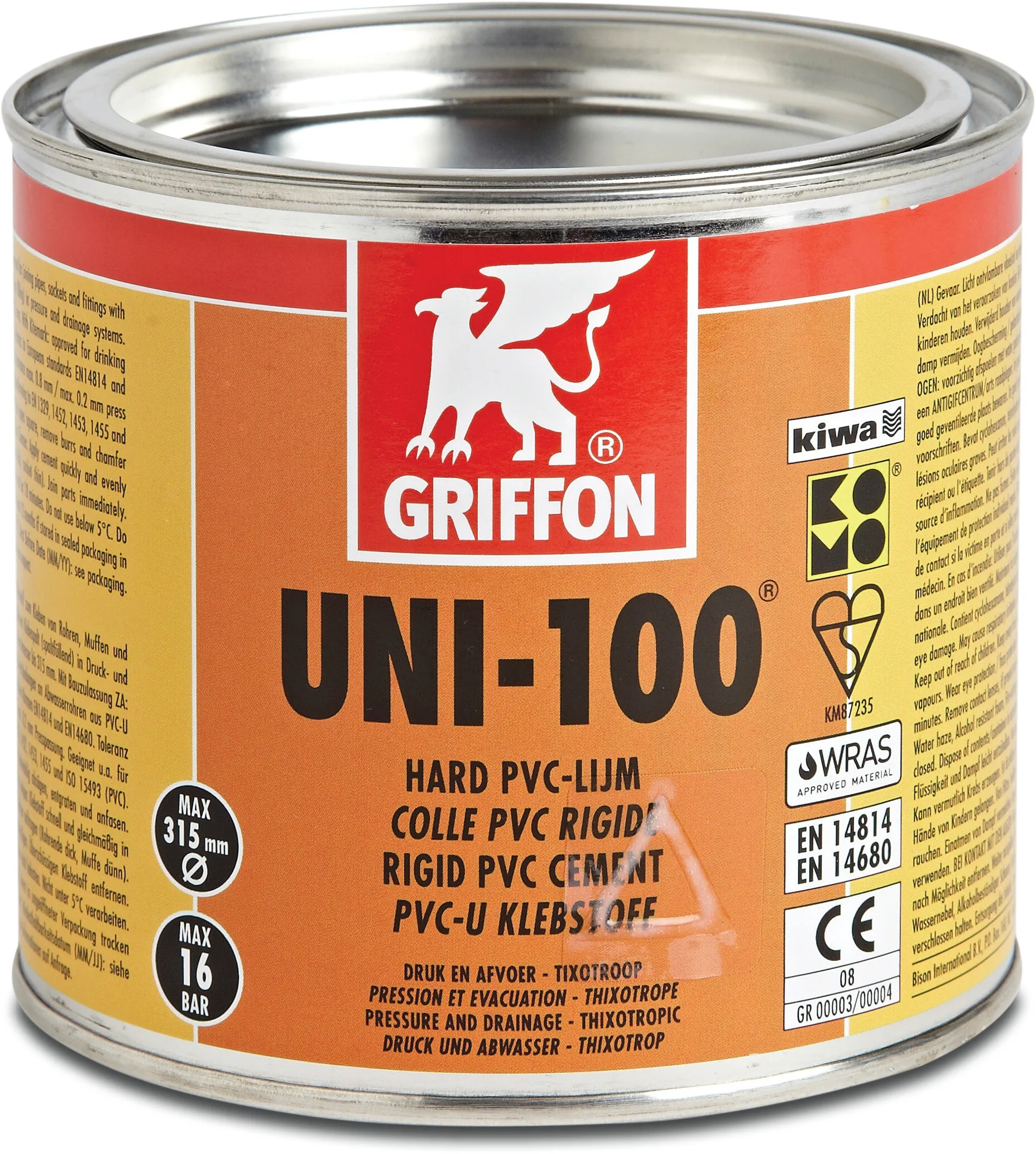 Griffon PVC glue transparent 0,5ltr with steel lid KIWA/WRAS type Uni-100 label EN/DE/NL/FR