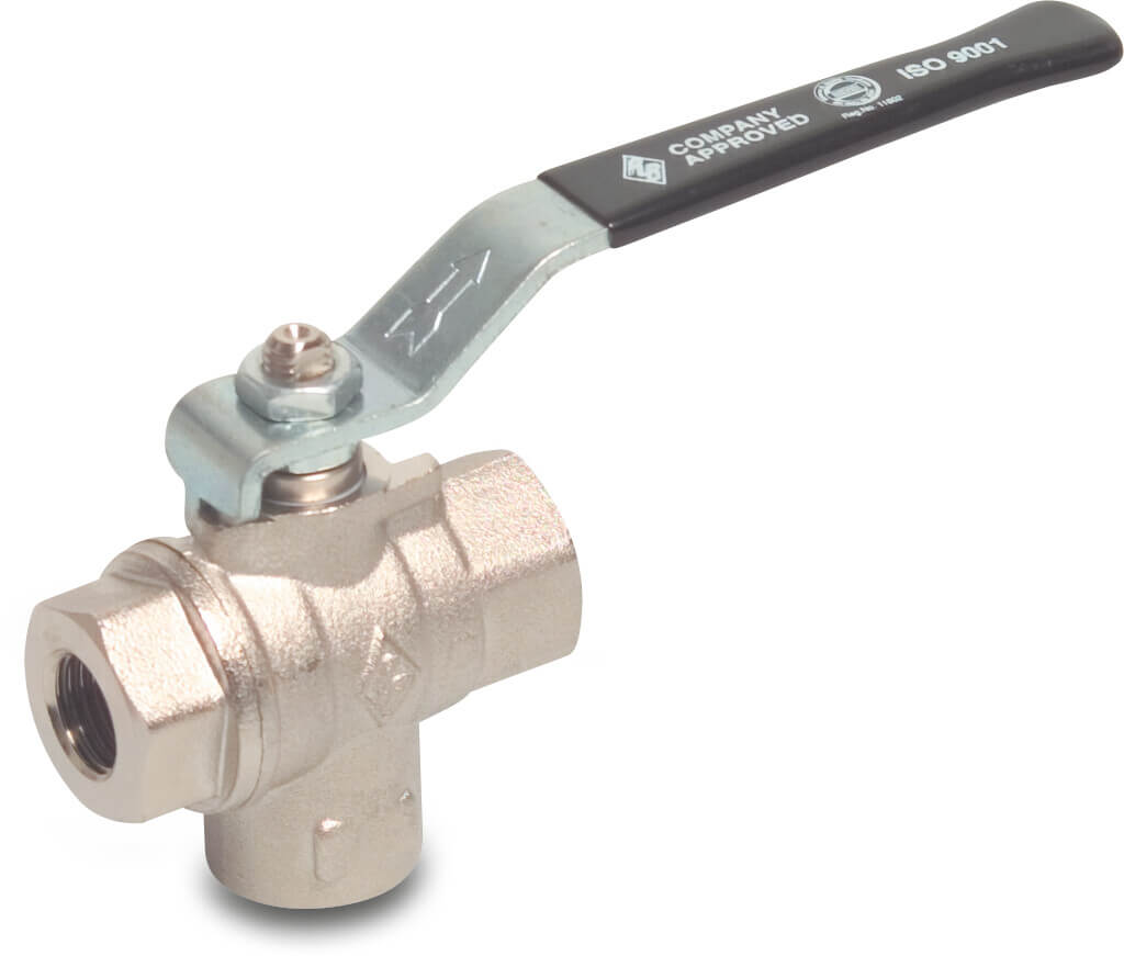 3-weg kogelkraan L-boring onder messing vernikkeld 1/2" binnendraad 25bar type L-boring 3210 onderaansluiting