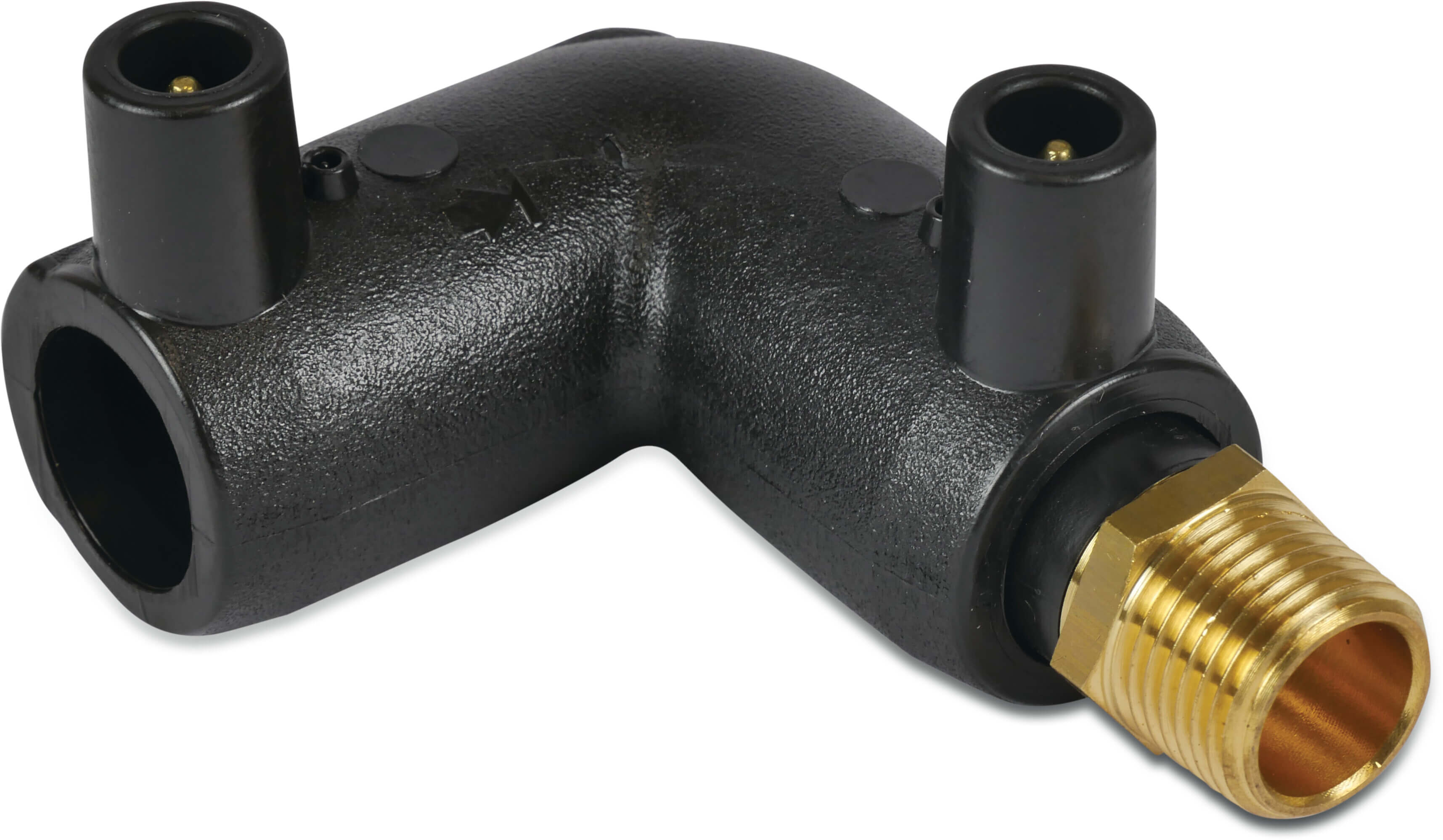 Profec Elbow 90° PE100/brass 63 mm x 2" electrofusion socket x male thread SDR7,4 24VAC 16bar 25bar black DVGW