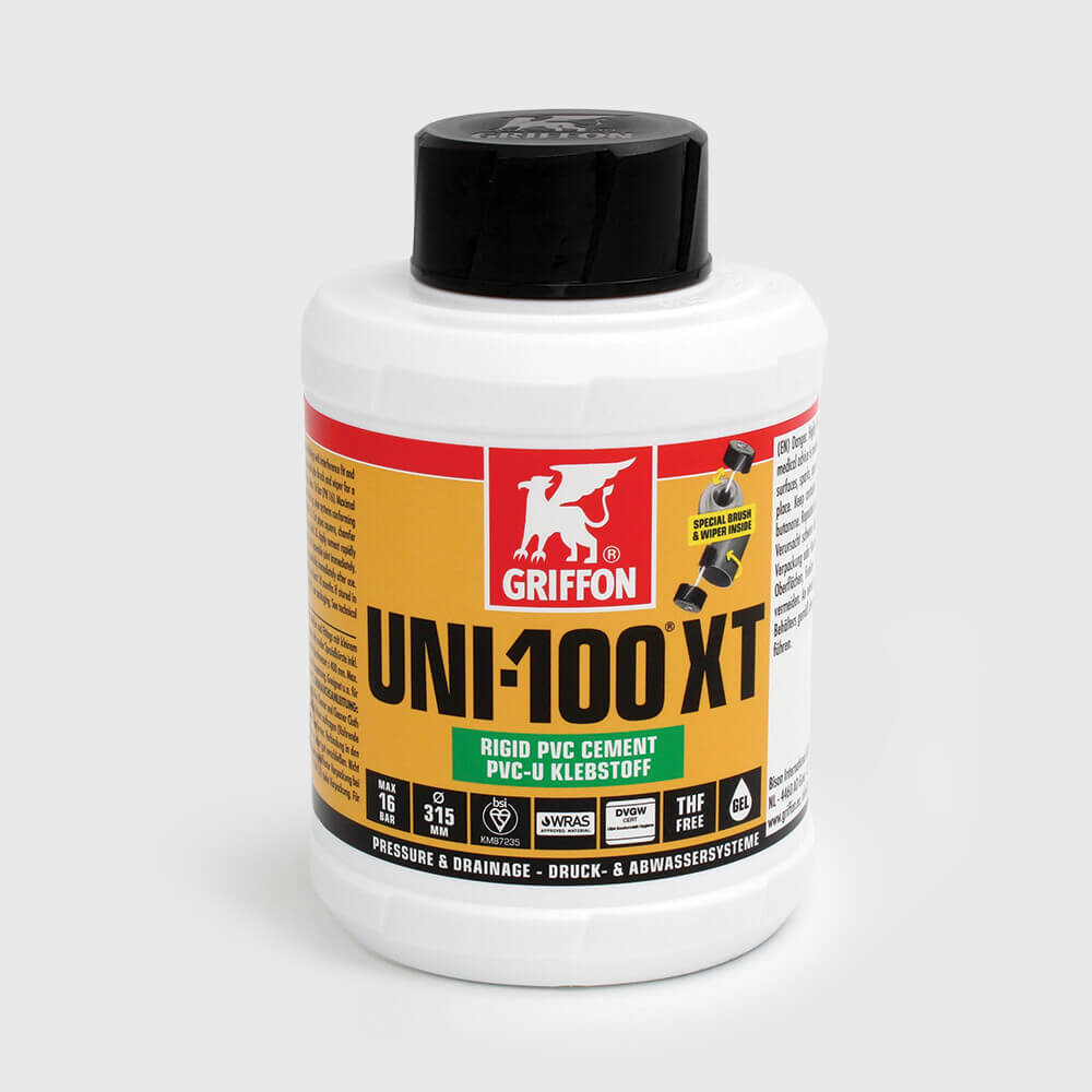 Griffon PVC glue transparent 0,25ltr with brush KIWA type Uni-100 XT THF free label EN/DE