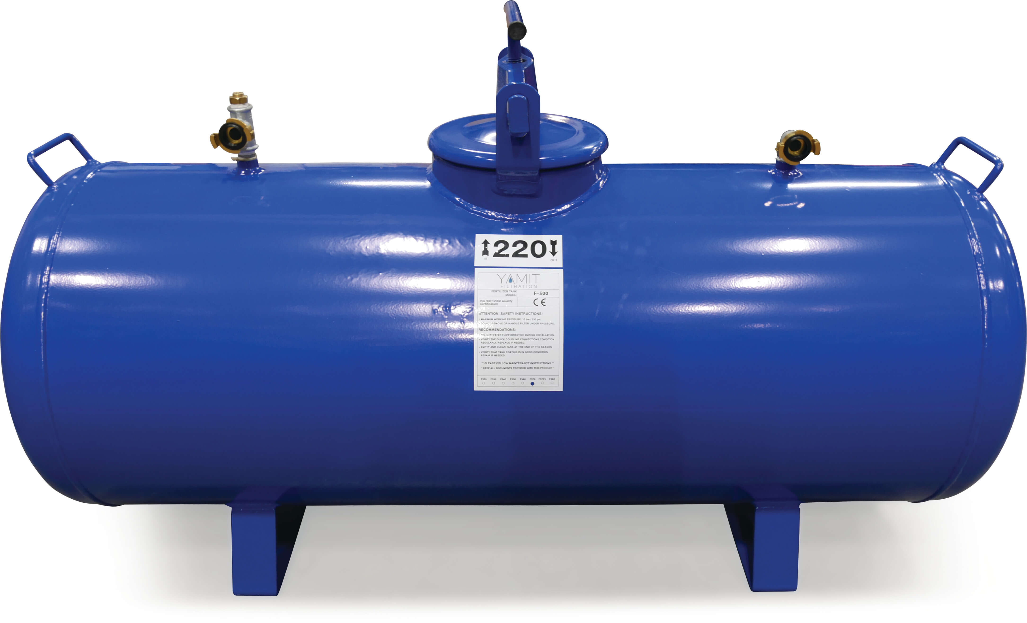 Yamit Düngertank Stahl pulverbeschichtet 25" x 13 mm Schlauchtülle 8bar Blau 220ltr Typ F570H Horizontal