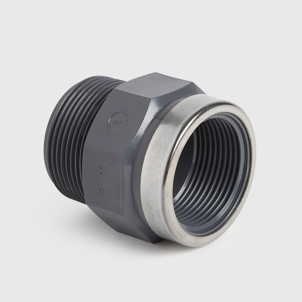 VDL Soknippel PVC-U 3/8" x 1/2" buitendraad x binnendraad 10bar grijs met RVS ring type versterkt