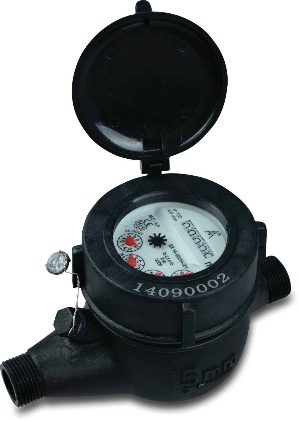 Profec Watermeter droog nylon 1 1/4" buitendraad 16bar 0,1A DN25 24V zwart LXSG-15S-40S type Nylon multi jet horizontaal met pulse optie