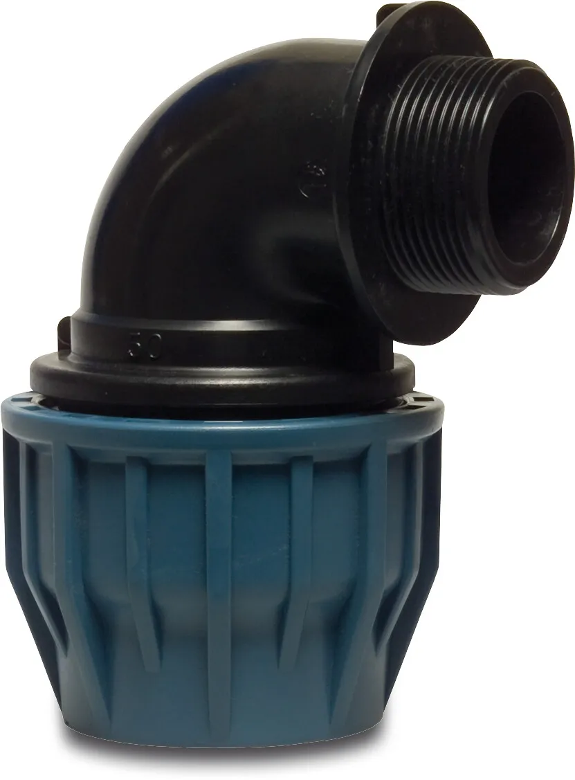 Jason Knie 90° PP 32 mm x 1" knel x buitendraad 16bar zwart/blauw DVGW/KIWA/WRAS/SVGW P1