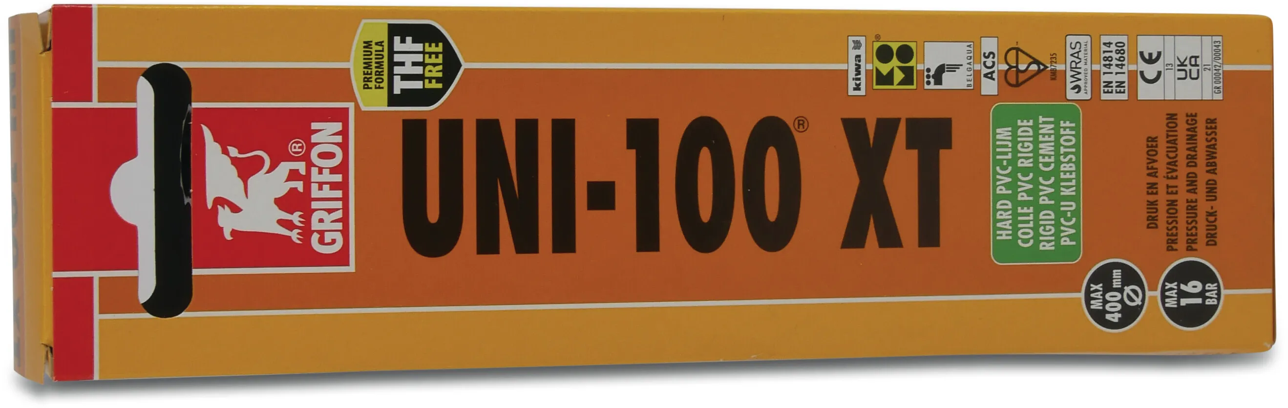 Griffon PVC glue transparent 0,125ltr tube KIWA type Uni-100 XT THF free label EN/DE/NL/FR