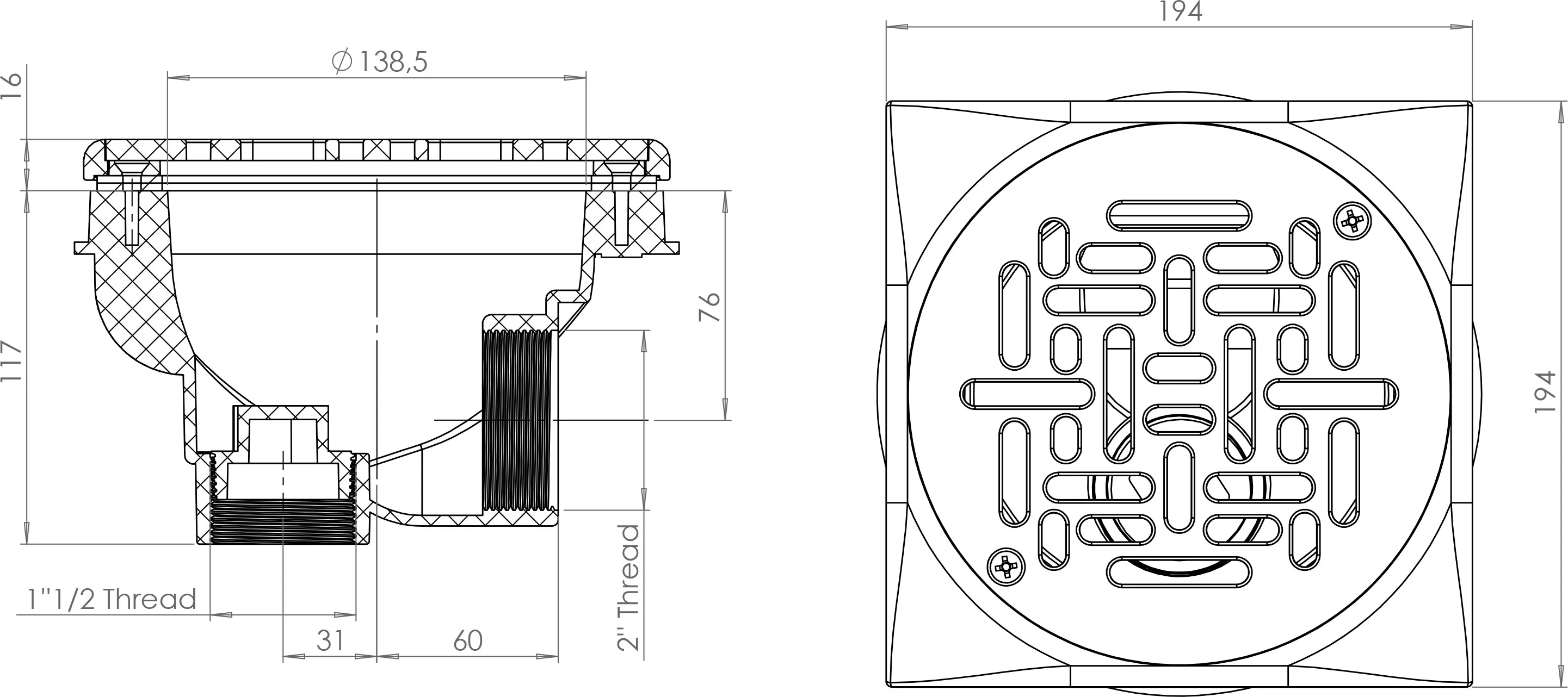 Weltico Bonde de fond 1 1/2" x 2" filetage femelle blanc type Design